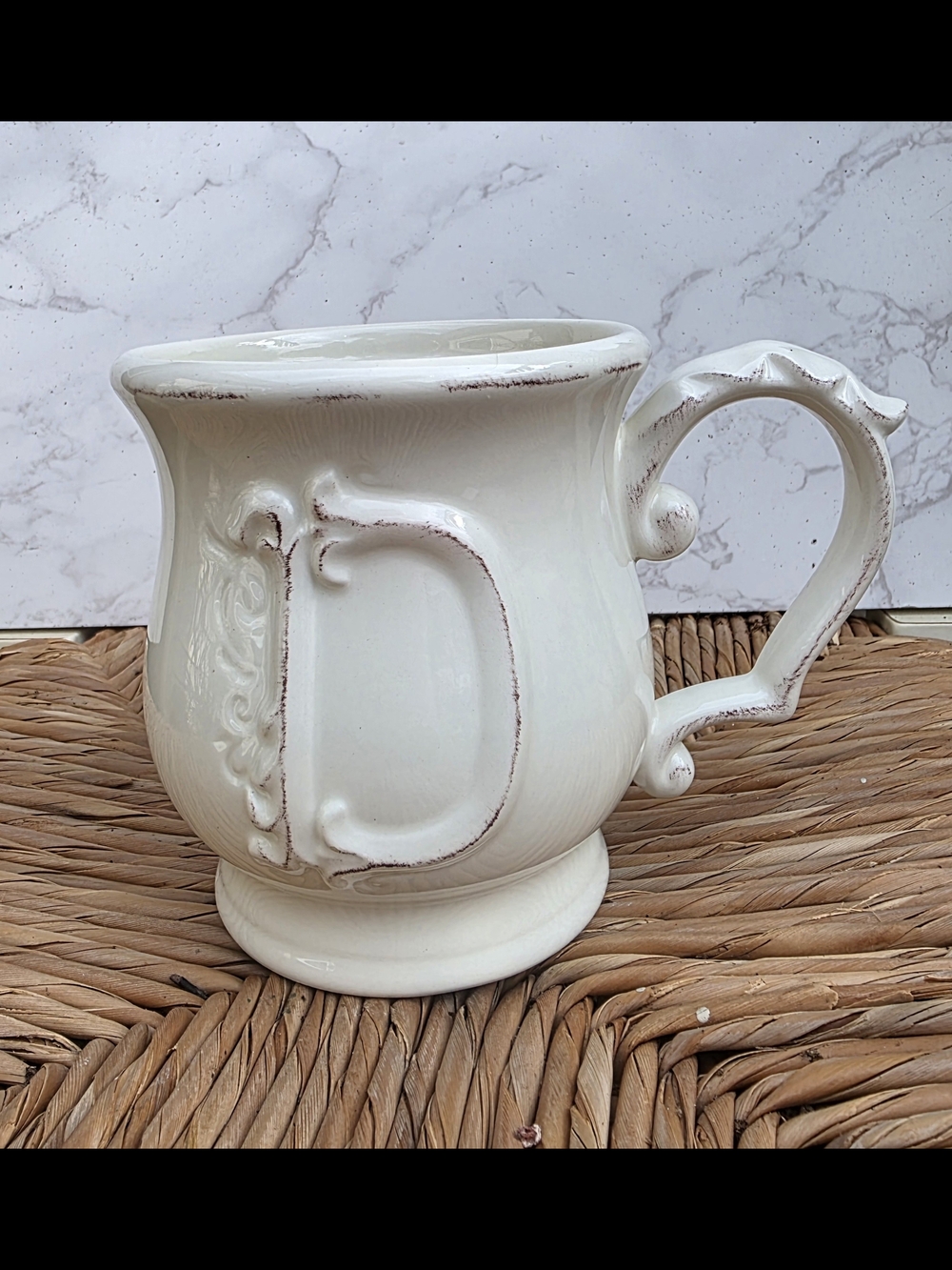 Pier 1 Cream Ceramic Mug with Sculpted Handle Monogram D